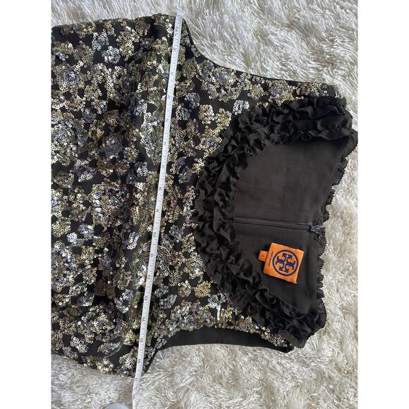 Tory Burch floral sequin mini dress size 4 100% silk black gold silver - Picture 7 of 9